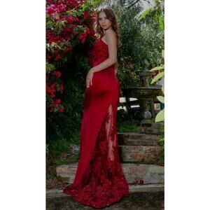 NOX Anabel Sweetheart Neckline Sequin Prom Maxi Dress w/ Lace Floral Train | S